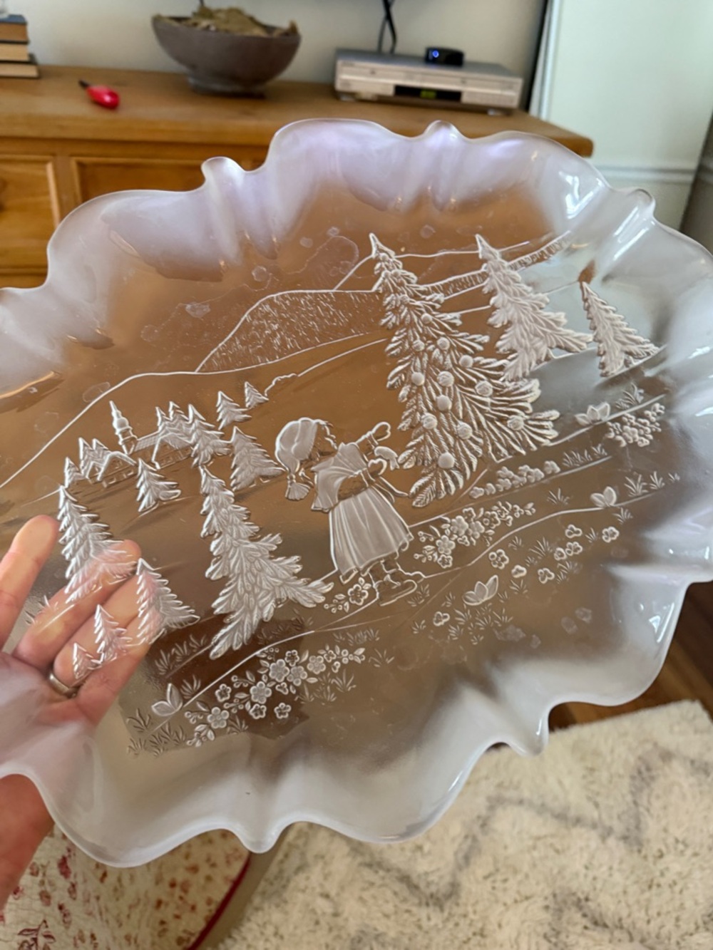 Etched White Milk Glass Scalloped Christmas Serving platter